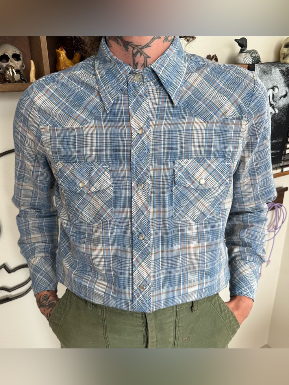 Vintage 70s Blue Plaid Pearl Snap Spear Collar LS Western ~ Size Small